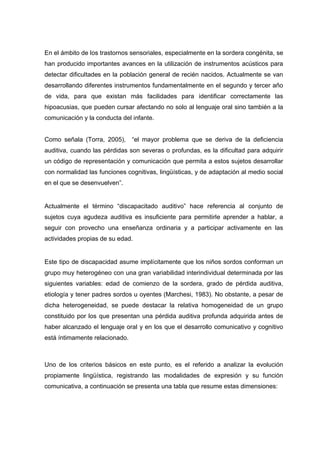 En el ámbito de los trastornos sensoriales, especialmente en la sordera congénita, se
han producido importantes avances en la utilización de instrumentos acústicos para
detectar dificultades en la población general de recién nacidos. Actualmente se van
desarrollando diferentes instrumentos fundamentalmente en el segundo y tercer año
de vida, para que existan más facilidades para identificar correctamente las
hipoacusias, que pueden cursar afectando no solo al lenguaje oral sino también a la
comunicación y la conducta del infante.
Como señala (Torra, 2005), “el mayor problema que se deriva de la deficiencia
auditiva, cuando las pérdidas son severas o profundas, es la dificultad para adquirir
un código de representación y comunicación que permita a estos sujetos desarrollar
con normalidad las funciones cognitivas, lingüísticas, y de adaptación al medio social
en el que se desenvuelven”.
Actualmente el término “discapacitado auditivo” hace referencia al conjunto de
sujetos cuya agudeza auditiva es insuficiente para permitirle aprender a hablar, a
seguir con provecho una enseñanza ordinaria y a participar activamente en las
actividades propias de su edad.
Este tipo de discapacidad asume implícitamente que los niños sordos conforman un
grupo muy heterogéneo con una gran variabilidad interindividual determinada por las
siguientes variables: edad de comienzo de la sordera, grado de pérdida auditiva,
etiología y tener padres sordos u oyentes (Marchesi, 1983). No obstante, a pesar de
dicha heterogeneidad, se puede destacar la relativa homogeneidad de un grupo
constituido por los que presentan una pérdida auditiva profunda adquirida antes de
haber alcanzado el lenguaje oral y en los que el desarrollo comunicativo y cognitivo
está íntimamente relacionado.
Uno de los criterios básicos en este punto, es el referido a analizar la evolución
propiamente lingüística, registrando las modalidades de expresión y su función
comunicativa, a continuación se presenta una tabla que resume estas dimensiones:
 
