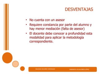 DESVENTAJAS No cuenta con un asesor Requiere constancia por parte del alumno y hay menor mediación (falta de asesor) El docente debe conocer a profundidad esta modalidad para aplicar la metodología correspondiente. 