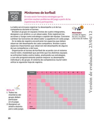 120
58
SESIÓN Minitorneo de korfball
REGLAS
1.	 Todos los
	 miembros del
	 grupo deben
	participar
	 en el juego.
2.	Designen un
	 árbitro distinto
	 para cada juego.
En esta sesión formularás estrategias que te
permitan resolver problemas del juego a partir de las
experiencias de los participantes.
Materiales:
una tabla de registro,
dos aros, una pelota
y dos trozos de madera.
La tabla servirá para registrar tu desempeño y el de tus
compañeros durante el torneo.
Dividan al grupo en equipos mixtos de cuatro integrantes,
designen a un árbitro y a un observador. Éste registrará las
acciones y funge como estratega o capitán del equipo. Conviene
cambiar las funciones de observador y jugadores en cada juego.
En la tabla de registro encontrarán los aspectos que deben
observar del desempeño de cada compañero. Anoten cuatro
aspectos importantes que observen del desempeño de alguno
de sus compañeros y del tuyo.
Organizarán el torneo de korfball de acuerdo con el sistema
round robin, modalidad que permite que los distintos equipos
se enfrenten todos contra todos, analizando sus estrategias,
y con ello progresivamente podrán mejorar su desempeño
individual y de grupo. El sistema de competencia round robin
utiliza la siguiente hoja de registro.
Equipos 1 2 3 4 5 6 7 8 JG JP J
1
2
3
4
5
6
7
8
Total
de juegos
Versióndeevaluación23/04/12
 