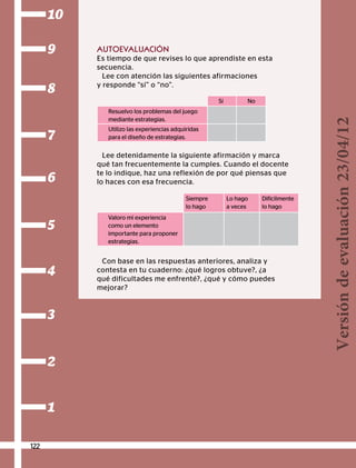1
2
3
4
5
6
7
8
9
10
Lee detenidamente la siguiente afirmación y marca
qué tan frecuentemente la cumples. Cuando el docente
te lo indique, haz una reflexión de por qué piensas que
lo haces con esa frecuencia.
Con base en las respuestas anteriores, analiza y
contesta en tu cuaderno: ¿qué logros obtuve?, ¿a
qué dificultades me enfrenté?, ¿qué y cómo puedes
mejorar?
122
AUTOEVALUACIÓN
Es tiempo de que revises lo que aprendiste en esta
secuencia.
Lee con atención las siguientes afirmaciones
y responde “sí” o “no”.
Sí No
Resuelvo los problemas del juego
mediante estrategias.
Utilizo las experiencias adquiridas
para el diseño de estrategias.
Siempre
lo hago
Lo hago
a veces
Difícilmente
lo hago
Valoro mi experiencia
como un elemento
importante para proponer
estrategias.
Versióndeevaluación23/04/12
 