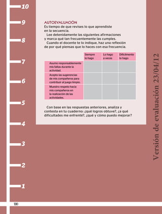 1
2
3
4
5
6
7
8
9
10
130
AUTOEVALUACIÓN
Es tiempo de que revises lo que aprendiste
en la secuencia.
Lee detenidamente las siguientes afirmaciones
y marca qué tan frecuentemente las cumples.
Cuando el docente te lo indique, haz una reflexión
de por qué piensas que lo haces con esa frecuencia.
Siempre
lo hago
Lo hago
a veces
Difícilmente
lo hago
Asumo responsablemente
mis faltas durante la
actividad.
Acepto las sugerencias
de mis compañeros para
contribuir al juego limpio.
Muestro respeto hacia
mis compañeros en
la realización de las
actividades.
Con base en las respuestas anteriores, analiza y
contesta en tu cuaderno: ¿qué logros obtuve?, ¿a qué
dificultades me enfrenté?, ¿qué y cómo puedo mejorar?
Versióndeevaluación23/04/12
 