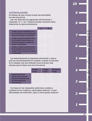 BLOQUEI
CONOCIMIENTODEMÍMISMO
2
1
3
4
5
6
7
8
9
10
AUTOEVALUACIÓN
Es tiempo de que revises lo que has aprendido
en esta secuencia.
Lee con atención las siguientes afirmaciones y
responde “sí” o “no”. Posteriormente comenta cómo
mejorarías tu aprovechamiento.
Lee detenidamente la siguiente afirmación y marca
qué tan frecuentemente la cumples. Cuando el docente
te lo indique, haz una reflexión acerca de por qué
piensas que lo haces con esa frecuencia.
Sí No
Empleo variadas manifestaciones
de movimiento para comunicarme,
Durante los juegos o actividades.
Empleo variadas manifestaciones
de movimiento para conocer mi
potencial expresivo, durante los
juegos o actividades
Empleo variadas manifestaciones
de movimiento para mantener mi
condición física, durante los juegos
o actividades.
Siempre
lo hago
Lo hago
a veces
Difícilmente
lo hago
Expreso de manera
escrita, oral y corporal
variadas manifestaciones
de movimiento para
comunicarme.
Con base en las respuestas anteriores, analiza y
contesta en tu cuaderno: ¿qué logros obtuve?, ¿a qué
dificultades me enfrenté?, ¿qué y cómo puedo mejorar?
27
Versióndeevaluación23/04/12
 