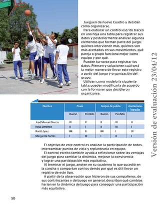 50
El objetivo de este control es analizar la participación de todos,
intercambiar puntos de vista y replantearla en equipo.
El control escrito también ayuda a reflexionar sobre las ventajas
del juego para cambiar la dinámica, mejorar la convivencia
y lograr una participación más equitativa.
Al terminar el juego, anoten en su cuaderno lo que sucedió en
la cancha y compartan con los demás por qué es útil llevar un
registro de este tipo.
A partir de la observación que hicieron de sus compañeros, de
sus contrincantes y del juego en general, describan qué cambios
harían en la dinámica del juego para conseguir una participación
más equitativa.
Nombre Pases Golpes de pelota Anotaciones
logradas
Bueno Perdido Bueno Perdido
José Manuel García III II II III II
Rosa Jiménez II I II III I
Raúl López IIII II IIII I III
Margarita Farfán I III I II I
Jueguen de nuevo Cuadro y decidan
cómo organizarse.
Para elaborar un control escrito tracen
en una hoja una tabla para registrar sus
datos y posteriormente analizar algunos
elementos que forman parte del juego:
quiénes intervienen más, quiénes son
más acertados en sus movimientos, qué
pareja o grupo funciona mejor como
equipo y por qué.
Pueden turnarse para registrar los
datos. Piensen y solucionen cuál será
la mejor manera de llevar este registro
a partir del juego y organización del
grupo.
Utilicen como modelo la siguiente
tabla; pueden modificarla de acuerdo
con la forma en que decidieron
organizarse.
Versióndeevaluación23/04/12
 