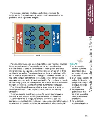 75
TODOSCONTRATODOS
YENELMISMOEQUIPO
BLOQUEIII
18 m
9m
REGLAS
1. No se permite
retener la pelota
por más de cinco
segundos, ni darse
	autopases.
2.	Si un equipo saca la
pelota del área de
juego, se le otorga
el saque al equipo
contrario.
3.	 No se permite
permanecer más
de cinco segundos
dentro del área de
anotación.
4. No se permite
arrebatar la pelota.
Formen dos equipos mixtos con el mismo número de
integrantes. Tracen el área de juego y colóquense como se
presenta en la siguiente imagen.
Para iniciar el juego se lanza la pelota al aire y ambos equipos
intentarán atraparla. Cuando alguno de los participantes
haya atrapado la pelota, comenzará a lanzar pases entre los
integrantes de su equipo con el fin de anotar un gol en el área
destinada para ello. Cuando un jugador tiene la pelota o balón
en las manos no podrá desplazarse; para hacerlo, deberá lanzar
la pelota a algún compañero y después correr para ubicarse
cada vez más cerca del área de anotación. Se consigue un punto
cuando un jugador recibe la pelota dentro del área de anotación.
Pongan atención a sus movimientos durante todo el juego.
Practicar actividades como el pase a gol pone a prueba tu
desempeño motriz pues implica correr, lanzar un móvil y
atraparlo.
Tener en cuenta nuestro desempeño motriz contribuye a
identificar estrategias y así lograr las metas establecidas.
Cuando termine el juego, reflexiona y comenta con tus
compañeros lo siguiente: ¿cómo es tu desempeño motriz?, ¿qué
movimientos consideras útiles para contribuir a la estrategia?
Versióndeevaluación23/04/12
 
