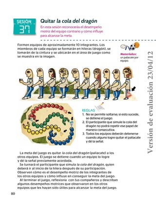 80
37
SESIÓN Quitar la cola del dragón
En esta sesión reconocerás el desempeño
motriz del equipo contrario y cómo influye
para alcanzar la meta.
Materiales:
un paliacate por
equipo.
Formen equipos de aproximadamente 10 integrantes. Los
miembros de cada equipo se formarán en hileras (dragón), se
tomarán de la cintura y se ubicarán en el área de juego como
se muestra en la imagen.
REGLAS
1.	 No se permite soltarse; si esto sucede,
	 se detiene el juego.
2.	El participante que simule la cola del
dragón no podrá repetir ese papel de
manera consecutiva.
3.	 Todos los equipos deberán detenerse
cuando alguno logre quitar el paliacate
y dé la señal.
La meta del juego es quitar la cola del dragón (paliacate) a los
otros equipos. El juego se detiene cuando un equipo lo logre
y dé la señal previamente acordada.
Se turnará el participante que simula la cola del dragón, quien
deberá ir al inicio de la hilera después de su participación.
Observen cómo es el desempeño motriz de los integrantes de
los otros equipos y cómo influye en conseguir la meta del juego.
Al terminar el juego, reflexiona con tus compañeros y describan
algunos desempeños motrices que observaron en los otros
equipos que les hayan sido útiles para alcanzar la meta del juego.
Versióndeevaluación23/04/12
 
