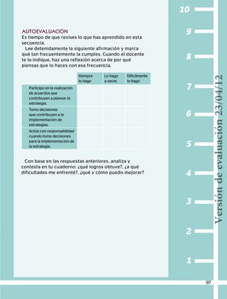 1
2
3
4
5
6
7
8
9
10
AUTOEVALUACIÓN
Es tiempo de que revises lo que has aprendido en esta
secuencia.
Lee detenidamente la siguiente afirmación y marca
qué tan frecuentemente la cumples. Cuando el docente
te lo indique, haz una reflexión acerca de por qué
piensas que lo haces con esa frecuencia.
Siempre
lo hago
Lo hago
a veces
Difícilmente
lo hago
Participo en la realización
de acuerdos que
contribuyen a planear la
estrategia.
Tomo decisiones
que contribuyen a la
implementación de
estrategias.
Actúo con responsabilidad
cuando tomo decisiones
para la implementación de
la estrategia.
Con base en las respuestas anteriores, analiza y
contesta en tu cuaderno: ¿qué logros obtuve?, ¿a qué
dificultades me enfrenté?, ¿qué y cómo puedo mejorar?
97
Versióndeevaluación23/04/12
 