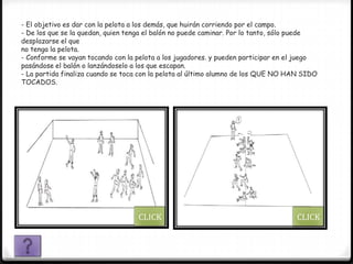- El objetivo es dar con la pelota a los demás, que huirán corriendo por el campo.
- De los que se la quedan, quien tenga el balón no puede caminar. Por lo tanto, sólo puede
desplazarse el que
no tenga la pelota.
- Conforme se vayan tocando con la pelota a los jugadores. y pueden participar en el juego
pasándose el balón o lanzándoselo a los que escapan.
- La partida finaliza cuando se toca con la pelota al último alumno de los QUE NO HAN SIDO
TOCADOS.




                                   CLICK                                           CLICK
 