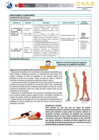 ________________________________________________________________
Autor: Lic. Diaz Salgado Hugo Dionicio – EDUCACIÓN FÍSICA-COAR HUÁNUCO 3
COLEGIO DE ALTO RENDIMIENTO
HUÁNUCO
INVESTIGAMOS Y CONSTRUIMOS
Actividad 05: (02 minutos)
Conocemos los propósitos de esta actividad.
Competencia Capacidad Desempeño Criterios de evaluación
Evidencia
(Instrumento)
1.- SE DESENVUELVE
DE MANERA
AUTÓNOMA A
TRAVÉS DE SU
MOTRICIDAD
1.1Comprende
su cuerpo.
1.2Se expresa
corporalmente.
1.1.1 Combina con eficacia las habilidades
motrices específicas y regula su cuerpo en
situaciones predeportivas. Toma como
referencia la trayectoria de objetos y a sus
compañeros.
1.1.2 Se adapta a los cambios que
experimenta su cuerpo en relación con su
imagen corporal en la pubertad durante la
práctica de actividades lúdicas, recreativas,
predeportivas y deportivas.
✓Participa activamente en clases
✓Realiza actividades físicas de
forma individual en familia
Trabajo Práctico
• Fotografía y/o
Video máximo de
3 minutos
realizado las
actividades
propuestas.
2.- ASUME UNA
VIDA SALUDABLE
2.Incorpora
prácticas que
mejoran su
calidad de vida.
2.1.3 Realiza actividad física para mejorar sus
capacidades condicionales, que contribuyan
al mejoramiento de su rendimiento y su salud
según su aptitud física. Ejecuta de manera
autónoma ejercicios y movimientos
específicos para la activación y relajación
explicando su utilidad e identificando la
intensidad del esfuerzo antes, durante y
después de la práctica de actividad física.
Actividad 06: (03minutos)
Algunos de los mecanismos de control postural son:
– Reacciones de equilibrio: Son movimientos compensatorios automáticos que
hacen posible la adaptación postural y el mantenimiento del control de la
postura. Controlan el centro de gravedad en una posición óptima para
mantener el control de la postura. Tratan de evitar las caídas o tratan de
minimizar las lesiones que pudieran producirse durante la misma.
– Transferencias de peso: Son ajustes del tronco y otras partes del cuerpo que
permiten que el peso se traslade de un punto del cuerpo a otro, manteniendo
el equilibrio y permitiendo que un individuo pueda realizar una tarea. Ej. Cuando
caminamos transferimos parte de la carga del peso corporal cada vez que
cambiamos el pie de apoyo.
– Reacciones de enderezamiento: Son reacciones automáticas que permiten
que la persona adopte posición erguida normal y mantenga el equilibrio al
cambiar de posición. Actúan por ejemplo mientras nos ponemos de pie.
– Fijación postural: Se encarga junto con las reacciones de enderezamiento de
estabilizar el cuerpo, mientras que una parte del mismo se está moviendo o
realizando una acción.
Pongamos un ejemplo:
Para caminar no solo hay que ser capaz de realizar
movimientos de flexión y extensión de las piernas, o de tener la
fuerza para mantener el peso sobre las mismas, además se
necesitan correctas reacciones de equilibrio que permitan
mantenerse de pie sin caer, realizar transferencias de peso de
una pierna a otra para ir liberando de apoyo un pie y permitir
que avance mientras se mantiene de forma erguida con una
correcta fijación postural que permita que una pierna se mueva
de forma eficaz sin perder la posición..
Sigamos conociendo más de los aspectos
importantes de la INGESTA CALÓRICA
 