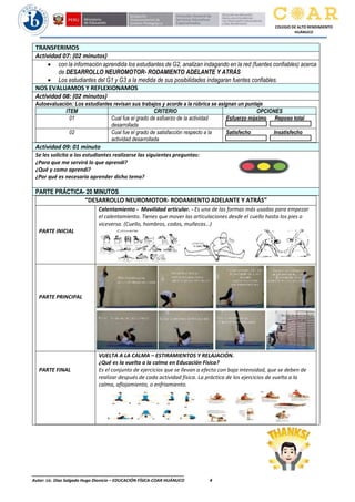 ________________________________________________________________
Autor: Lic. Diaz Salgado Hugo Dionicio – EDUCACIÓN FÍSICA-COAR HUÁNUCO 4
COLEGIO DE ALTO RENDIMIENTO
HUÁNUCO
TRANSFERIMOS
Actividad 07: (02 minutos)
• con la información aprendida los estudiantes de G2, analizan indagando en la red (fuentes confiables) acerca
de DESARROLLO NEUROMOTOR- RODAMIENTO ADELANTE Y ATRÁS
• Los estudiantes del G1 y G3 a la medida de sus posibilidades indagaran fuentes confiables.
NOS EVALUAMOS Y REFLEXIONAMOS
Actividad 08: (02 minutos)
Autoevaluación: Los estudiantes revisan sus trabajos y acorde a la rúbrica se asignan un puntaje
ITEM CRITERIO OPCIONES
01 Cual fue el grado de esfuerzo de la actividad
desarrollada
Esfuerzo máximo Reposo total
02 Cual fue el grado de satisfacción respecto a la
actividad desarrollada
Satisfecho Insatisfecho
Actividad 09: 01 minuto
Se les solicita a los estudiantes realizarse las siguientes preguntas:
¿Para que me servirá lo que aprendi?
¿Qué y como aprendí?
¿Por qué es necesario aprender dicho tema?
PARTE PRÁCTICA- 20 MINUTOS
“DESARROLLO NEUROMOTOR- RODAMIENTO ADELANTE Y ATRÁS”
PARTE INICIAL
Calentamiento - Movilidad articular. - Es una de las formas más usadas para empezar
el calentamiento. Tienes que mover las articulaciones desde el cuello hasta los pies o
viceversa. (Cuello, hombros, codos, muñecas…)
PARTE PRINCIPAL
PARTE FINAL
VUELTA A LA CALMA – ESTIRAMIENTOS Y RELAJACIÓN.
¿Qué es la vuelta a la calma en Educación Física?
Es el conjunto de ejercicios que se llevan a efecto con baja intensidad, que se deben de
realizar después de cada actividad física. La práctica de los ejercicios de vuelta a la
calma, aflojamiento, o enfriamiento.
 