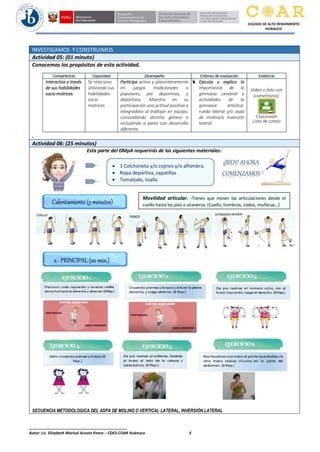 ______________________________________________
Autor: Lic. Elizabeth Marisol Acosta Ponce – CDES-COAR Huánuco 3
COLEGIO DE ALTO RENDIMIENTO
HUÁNUCO
INVESTIGAMOS Y CONSTRUIMOS
Actividad 05: (01 minuto)
Conocemos los propósitos de esta actividad.
.
Competencia Capacidad Desempeño Criterios de evaluación Evidencia
Interactúa a través
de sus habilidades
socio motrices.
Se relaciona
utilizando sus
habilidades
socio
motrices
Participa activa y placenteramente
en juegos tradicionales o
populares, pre deportivos, y
deportivos. Muestra en su
participación una actitud positiva e
integradora al trabajar en equipo,
consolidando distinto género e
incluyendo a pares con desarrollo
diferente.
Ejecuta y explica la
importancia de la
gimnasia cerebral y
actividades de la
gimnasia artística:
rueda lateral y/o aspa
de molino/o inversión
lateral.
Video o foto con
(comentario).
Lista de cotejo
Actividad 06: (25 minutos)
Esta parte del DMpA requerirás de los siguientes materiales:
SECUENCIA METODOLOGICA DEL ASPA DE MOLINO O VERTICAL LATERAL, INVERSIÓN LATERAL
 1 Colchoneta y/o cojines y/o alfombra.
 Ropa deportiva, zapatillas
 Tomatodo, toalla
¡BIEN! AHORA
COMENZAMOS
Movilidad articular. -Tienes que mover las articulaciones desde el
cuello hasta los pies o viceversa. (Cuello, hombros, codos, muñecas…)
Calentamiento (5 minutos)
2.- PRINCIPAL (20 min.)
 