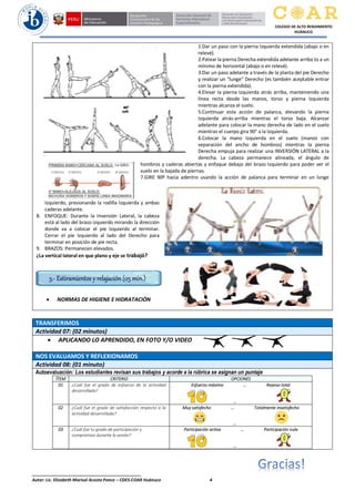 ______________________________________________
Autor: Lic. Elizabeth Marisol Acosta Ponce – CDES-COAR Huánuco 4
COLEGIO DE ALTO RENDIMIENTO
HUÁNUCO
1.Dar un paso con la pierna Izquierda extendida (abajo o en
relevé).
2.Patear la pierna Derecha extendida adelante arriba to a un
mínimo de horizontal (abajo o en relevé).
3.Dar un paso adelante a través de la planta del pie Derecho
y realizar un “lunge” Derecho (es también aceptable entrar
con la pierna extendida).
4.Elevar la pierna Izquierda atrás arriba, manteniendo una
línea recta desde las manos, torso y pierna Izquierda
mientras alcanza el suelo.
5.Continuar esta acción de palanca, elevando la pierna
Izquierda atrás-arriba mientras el torso baja. Alcanzar
adelante para colocar la mano derecha de lado en el suelo
mientras el cuerpo gira 90° a la Izquierda.
6.Colocar la mano Izquierda en el suelo (manos con
separación del ancho de hombros) mientras la pierna
Derecha empuja para realizar una INVERSIÓN LATERAL a la
derecha. La cabeza permanece alineada, el ángulo de
hombros y caderas abiertas y enfoque debajo del brazo Izquierdo para poder ver el
suelo en la bajada de piernas.
7.GIRE 90º hacia adentro usando la acción de palanca para terminar en un lunge
Izquierdo, presionando la rodilla Izquierda y ambas
caderas adelante.
8. ENFOQUE: Durante la Inversión Lateral, la cabeza
está al lado del brazo izquierdo mirando la dirección
donde va a colocar el pie Izquierdo al terminar.
Cerrar el pie Izquierdo al lado del Derecho para
terminar en posición de pie recta.
9. BRAZOS: Permanecen elevados.
¿La vertical lateral en que plano y eje se trabajó?
 NORMAS DE HIGIENE E HIDRATACIÓN
TRANSFERIMOS
Actividad 07: (02 minutos)
 APLICANDO LO APRENDIDO, EN FOTO Y/O VIDEO
NOS EVALUAMOS Y REFLEXIONAMOS
Actividad 08: (01 minuto)
Autoevaluación: Los estudiantes revisan sus trabajos y acorde a la rúbrica se asignan un puntaje
ÍTEM CRITERIO OPCIONES
01 ¿Cuál fue el grado de esfuerzo de la actividad
desarrollada?
Esfuerzo máximo … Reposo total
…
02 ¿Cuál fue el grado de satisfacción respecto a la
actividad desarrollada?
Muy satisfecho … Totalmente insatisfecho
…
03 ¿Cuál fue tu grado de participación y
compromiso durante la sesión?
Participación activa … Participación nula
…
3.- Estiramientos y relajación (05 min.)
 