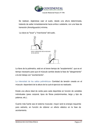 Acuerdo Ministerial Numero Nº 3701
MODULO DE CULTURA FÌSICA Página 27
Se realizan, dejándose caer al suelo, desde una altura determinada,
tratando de saltar inmediatamente hacia arriba o adelante, con una fase de
transición (Amortiguación) mínima.
La clave es "tocar" y "marcharse" del suelo.
La llave de la polimetría, está en el breve tiempo de "acoplamiento", que es el
tiempo necesario para que el músculo cambie desde la fase de "alargamiento"
a la de trabajo con "acortamiento".
La intensidad de los saltos polimétricos- Cantidad de tensión creada en el
músculo- dependerá de la altura de la cual el ejercicio es realizado.
Existe una altura ideal de caída para cada deportista en función de variables
individuales (peso corporal, tipos de fibras predominantes, largo y tipo de
palanca, etc.).
Cuanto más fuerte sea el sistema muscular, mayor será la energía requerida
para estirarlo, en función de obtener un efecto elástico en la fase de
acortamiento.
 