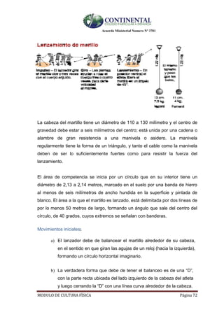 Acuerdo Ministerial Numero Nº 3701
MODULO DE CULTURA FÌSICA Página 72
La cabeza del martillo tiene un diámetro de 110 a 130 milímetro y el centro de
gravedad debe estar a seis milímetros del centro; está unida por una cadena o
alambre de gran resistencia a una manivela o asidero. La manivela
regularmente tiene la forma de un triángulo, y tanto el cable como la manivela
deben de ser lo suficientemente fuertes como para resistir la fuerza del
lanzamiento.
El área de competencia se inicia por un círculo que en su interior tiene un
diámetro de 2,13 a 2,14 metros, marcado en el suelo por una banda de hierro
al menos de seis milímetros de ancho hundida en la superficie y pintada de
blanco. El área a la que el martillo es lanzado, está delimitada por dos líneas de
por lo menos 50 metros de largo, formando un ángulo que sale del centro del
círculo, de 40 grados, cuyos extremos se señalan con banderas.
Movimientos iniciales:
a) El lanzador debe de balancear el martillo alrededor de su cabeza,
en el sentido en que giran las agujas de un reloj (hacia la izquierda),
formando un círculo horizontal imaginario.
b) La verdadera forma que debe de tener el balanceo es de una “D”,
con la parte recta ubicada del lado izquierdo de la cabeza del atleta
y luego cerrando la “D” con una línea curva alrededor de la cabeza.
 