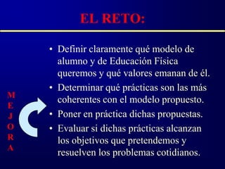 EL RETO:

    • Definir claramente qué modelo de
      alumno y de Educación Física
      queremos y qué valores emanan de él.
    • Determinar qué prácticas son las más
M
      coherentes con el modelo propuesto.
E
J   • Poner en práctica dichas propuestas.
O   • Evaluar si dichas prácticas alcanzan
R     los objetivos que pretendemos y
A
      resuelven los problemas cotidianos.
 
