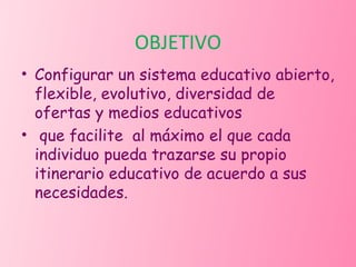 OBJETIVO Configurar un sistema educativo abierto, flexible, evolutivo, diversidad de ofertas y medios educativos que facilite  al máximo el que cada individuo pueda trazarse su propio itinerario educativo de acuerdo a sus necesidades. 