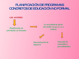 PLANIFICACIÓN DE PROGRAMAS CONCRETOS DE EDUCACIÓN NO FORMAL LOS  AUTORES Planificación de actividades no formales La necesidad de partir del medio en que se va a realizar Determinación de objetivos Selección de contenidos y procedimientos 