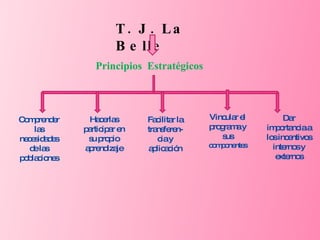 T. J. La Belle Principios  Estratégicos Comprender las necesidades de las poblaciones Hacerlas participar en su propio aprendizaje Facilitar la transferen-cia y aplicación Vincular el programa y sus  componentes Dar importancia a los incentivos internos y externos 