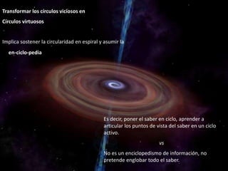 Dr. Martín López Calva
Transformar los círculos viciosos en
Círculos virtuosos
Implica sostener la circularidad en espiral y asumir la
en-ciclo-pedia
Es decir, poner el saber en ciclo, aprender a
articular los puntos de vista del saber en un ciclo
activo.
vs
No es un enciclopedismo de información, no
pretende englobar todo el saber.
 