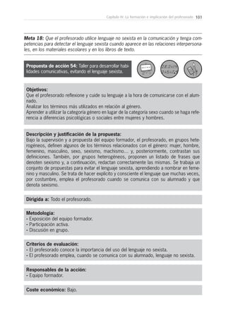 101Capítulo IV: La formación e implicación del profesorado
Metodología:
- Exposición del equipo formador.
- Participación activa.
- Discusión en grupo.
Responsables de la acción:
- Equipo formador.
Coste económico: Bajo.
Dirigida a: Todo el profesorado.
Objetivos:
Que el profesorado reflexione y cuide su lenguaje a la hora de comunicarse con el alum-
nado.
Analizar los términos más utilizados en relación al género.
Aprender a utilizar la categoría género en lugar de la categoría sexo cuando se haga refe-
rencia a diferencias psicológicas o sociales entre mujeres y hombres.
Descripción y justificación de la propuesta:
Bajo la supervisión y a propuesta del equipo formador, el profesorado, en grupos hete-
rogéneos, definen algunos de los términos relacionados con el género: mujer, hombre,
femenino, masculino, sexo, sexismo, machismo… y, posteriormente, contrastan sus
definiciones. También, por grupos heterogéneos, proponen un listado de frases que
denoten sexismo y, a continuación, redactan correctamente las mismas. Se trabaja un
conjunto de propuestas para evitar el lenguaje sexista, aprendiendo a nombrar en feme-
nino y masculino. Se trata de hacer explícito y consciente el lenguaje que muchas veces,
por costumbre, emplea el profesorado cuando se comunica con su alumnado y que
denota sexismo.
Criterios de evaluación:
- El profesorado conoce la importancia del uso del lenguaje no sexista.
- El profesorado emplea, cuando se comunica con su alumnado, lenguaje no sexista.
Meta 18: Que el profesorado utilice lenguaje no sexista en la comunicación y tenga com-
petencias para detectar el lenguaje sexista cuando aparece en las relaciones interpersona-
les, en los materiales escolares y en los libros de texto.
Propuesta de acción 54: Taller para desarrollar habi-
lidades comunicativas, evitando el lenguaje sexista.
 