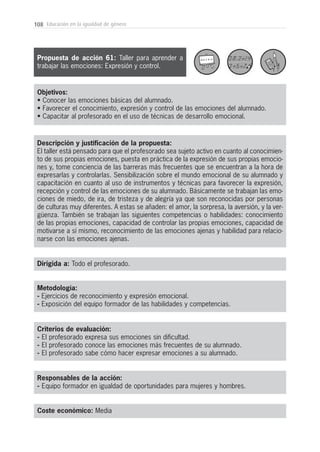 108 Educación en la igualdad de género
Metodología:
- Ejercicios de reconocimiento y expresión emocional.
- Exposición del equipo formador de las habilidades y competencias.
Responsables de la acción:
- Equipo formador en igualdad de oportunidades para mujeres y hombres.
Coste económico: Media
Dirigida a: Todo el profesorado.
Objetivos:
• Conocer las emociones básicas del alumnado.
• Favorecer el conocimiento, expresión y control de las emociones del alumnado.
• Capacitar al profesorado en el uso de técnicas de desarrollo emocional.
Descripción y justificación de la propuesta:
El taller está pensado para que el profesorado sea sujeto activo en cuanto al conocimien-
to de sus propias emociones, puesta en práctica de la expresión de sus propias emocio-
nes y, tome conciencia de las barreras más frecuentes que se encuentran a la hora de
expresarlas y controlarlas. Sensibilización sobre el mundo emocional de su alumnado y
capacitación en cuanto al uso de instrumentos y técnicas para favorecer la expresión,
recepción y control de las emociones de su alumnado. Básicamente se trabajan las emo-
ciones de miedo, de ira, de tristeza y de alegría ya que son reconocidas por personas
de culturas muy diferentes. A estas se añaden: el amor, la sorpresa, la aversión, y la ver-
güenza. También se trabajan las siguientes competencias o habilidades: conocimiento
de las propias emociones, capacidad de controlar las propias emociones, capacidad de
motivarse a sí mismo, reconocimiento de las emociones ajenas y habilidad para relacio-
narse con las emociones ajenas.
Criterios de evaluación:
- El profesorado expresa sus emociones sin dificultad.
- El profesorado conoce las emociones más frecuentes de su alumnado.
- El profesorado sabe cómo hacer expresar emociones a su alumnado.
Propuesta de acción 61: Taller para aprender a
trabajar las emociones: Expresión y control.
 
