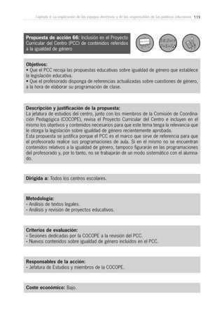 119Capítulo V: La implicación de los equipos directivos y de los responsables de las políticas educativas
Metodología:
- Análisis de textos legales.
- Análisis y revisión de proyectos educativos.
Responsables de la acción:
- Jefatura de Estudios y miembros de la COCOPE.
Coste económico: Bajo.
Dirigida a: Todos los centros escolares.
Objetivos:
• Que el PCC recoja las propuestas educativas sobre igualdad de género que establece
la legislación educativa.
• Que el profesorado disponga de referencias actualizadas sobre cuestiones de género,
a la hora de elaborar su programación de clase.
Descripción y justificación de la propuesta:
La jefatura de estudios del centro, junto con los miembros de la Comisión de Coordina-
ción Pedagógica (COCOPE), revisa el Proyecto Curricular del Centro e incluyen en el
mismo los objetivos y contenidos necesarios para que este tema tenga la relevancia que
le otorga la legislación sobre igualdad de género recientemente aprobada.
Esta propuesta se justifica porque el PCC es el marco que sirve de referencia para que
el profesorado realice sus programaciones de aula. Si en el mismo no se encuentran
contenidos relativos a la igualdad de género, tampoco figurarán en las programaciones
del profesorado y, por lo tanto, no se trabajarán de un modo sistemático con el alumna-
do.
Criterios de evaluación:
- Sesiones dedicadas por la COCOPE a la revisión del PCC.
- Nuevos contenidos sobre igualdad de género incluidos en el PCC.
Propuesta de acción 66: Inclusión en el Proyecto
Curricular del Centro (PCC) de contenidos referidos
a la igualdad de género
 