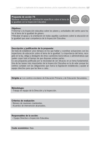 127Capítulo V: La implicación de los equipos directivos y de los responsables de las políticas educativas
Metodología:
- Trabajo en equipo de la Dirección y la Inspección.
Responsables de la acción:
- Equipo Directivo e Inspección Educativa.
Coste económico: Bajo.
Dirigida a: Los centros escolares de Educación Primaria y de Educación Secundaria.
Objetivos:
• Informar a la Inspección educativa sobre los planes y actividades del centro para tra-
tar el tema de la igualdad de género.
• Recabar el apoyo y la orientación en todas aquellas cuestiones sobre la educación en
la igualdad que sean competencia de la Inspección Educativa.
Descripción y justificación de la propuesta:
Se trata de establecer unos tiempos en los que hablar y coordinar actuaciones con los
inspectores de educación sobre el tema de la igualdad. La importancia del tema, reco-
gido en la ley, obliga a desligarlo de otras cuestiones burocráticas o administrativas que
suelen copar todo el tiempo de que disponen ambas partes.
Es una propuesta justificada por la necesidad de ser eficaces en un tema fundamental.
Una de las tareas más importantes de la Inspección Educativa es la de velar porque los
centros cumplan con las obligaciones que marca la legislación establecida y ayudar al
equipo directivo para que las lleve a cabo.
Criterios de evaluación:
- Número de reuniones mantenidas.
- Acuerdos de intervención alcanzados.
Propuesta de acción 74:
Mantener reuniones de coordinación específicas sobre el tema de
la igualdad con la Inspección Educativa
 