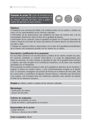 128 Educación en la igualdad de género
Metodología:
- Clarificación de valores.
- Grupos de discusión.
Responsables de la acción:
- Equipo directivo.
- Técnicos o técnicas de la DGMI.
Coste económico: Medio.
Dirigida a: Líderes, padres y madres de las minorías culturales.
Objetivos:
• Establecer una comunicación fluida y de confianza tanto con los padres y madres así
como con los representantes de las minorías culturales.
• Informarles de las disposiciones que establecen las leyes de nuestro país y de las
Comunidades Autónomas sobre el tema de la igualdad de género.
• Informarles de los aspectos sobre la igualdad recogidos en el Proyecto Educativo de
Centro y Proyecto Curricular de Centro que afectan de manera directa a la educación de
sus hijos e hijas.
• Trabajar los aspectos básicos relacionados con el valor de la igualdad presentándolos
de la manera más respetuosa posible con los valores de su cultura.
Descripción y justificación de la propuesta:
El curso debe comenzar con una descripción y análisis de los valores morales de carác-
ter universal, señalando su carácter transcultural y su rasgo de obligatoriedad para
todas las personas. En este contexto se abordará el valor de la igualdad entre hombres
y mujeres, que está recogido en la Constitución Española y en las leyes más recientes
aprobadas por el Parlamento.
Esta propuesta se justifica porque el valor de la igualdad en derechos de los hombres y
mujeres es básico en nuestra cultura, y está convenientemente recogido en la legisla-
ción. Es necesario compaginar una postura de firmeza en la defensa de este valor, ante
las convicciones y costumbres de algunas minorías étnicas y culturales que discriminan
a las mujeres, con el respeto hacia sus tradiciones culturales, pero siempre sin rebasar
el límite de los derechos humanos.
Criterios de evaluación:
- Número de asistentes al curso.
- Grado de interés y participación en el mismo.
Propuesta de acción 75: Curso de formación en al
valor de la igualdad dirigido tanto a representantes de
las minorías culturales del barrio como a padres y
madres del alumnado de estas minorías.
 