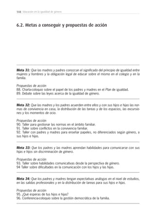 144 Educación en la igualdad de género
6.2. Metas a conseguir y propuestas de acción
Meta 31: Que las madres y padres conozcan el significado del principio de igualdad entre
mujeres y hombres y la obligación legal de educar sobre el mismo en el colegio y en la
familia.
Propuestas de acción
88. Charla-coloquio sobre el papel de los padres y madres en el Plan de igualdad.
89. Debate sobre las leyes acerca de la igualdad de género.
Meta 32: Que las madres y los padres acuerden entre ellos y con sus hijos e hijas las nor-
mas de convivencia en casa, la distribución de las tareas y de los espacios, las excursio-
nes y los momentos de ocio.
Propuestas de acción
90. Taller para gestionar las normas en el ámbito familiar.
91. Taller sobre conflictos en la convivencia familiar.
92. Taller con padres y madres para enseñar papeles, no diferenciados según género, a
sus hijos e hijas.
Meta 33: Que los padres y las madres aprendan habilidades para comunicarse con sus
hijas e hijos sin discriminación de género.
Propuestas de acción
93. Taller sobre habilidades comunicativas desde la perspectiva de género.
94 Taller sobre dificultades en la comunicación con los hijos y las hijas.
Meta 34: Que los padres y madres tengan expectativas análogas en el nivel de estudios,
en las salidas profesionales y en la distribución de tareas para sus hijos e hijas.
Propuestas de acción
95. ¿Qué esperas de tus hijos e hijas?
96. Conferencia-coloquio sobre la gestión democrática de la familia.
 
