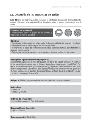 145Capítulo VI: La implicación de las familias
Metodología:
- Exposición.
- Coloquio y debate.
Responsables de la acción:
- Equipo formador.
Coste económico: Medio-Bajo.
Dirigida a: Madres y padres del alumnado de todos los centros escolares.
Objetivos:
• Concienciar de la realidad social y escolar de la desigualdad entre mujeres y hombres.
• Conocer las metas y estrategias del Plan de Igualdad.
• Comprender el papel de corresponsabilidad que tienen las familias para fomentar la
igualdad entre géneros.
• Debatir por qué sigue existiendo un tratamiento desigual en función del género.
Descripción y justificación de la propuesta:
Se comienza exponiendo el Plan de Igualdad por parte del equipo formador. A partir de
él, se presentan preguntas para el debate: ¿Acuerdos o desacuerdos con el Plan? ¿Por
qué el tratamiento desigual? ¿Dónde comienza? ¿Qué pueden hacer las familias para erra-
dicar la desigualdad? Las familias son imprescindibles para fomentar el trato igualitario
de niños y niñas, por lo que han de conocer lo que se hace desde la institución escolar
y el papel que pueden desempeñar.
6.3. Desarrollo de las propuestas de acción
Meta 31: Que las madres y padres conozcan el significado del principio de igualdad entre
mujeres y hombres y la obligación legal de educar sobre el mismo en el colegio y en la
familia.
Criterios de evaluación:
- Las familias conocen el Plan de Igualdad.
Propuesta de acción 88:
Charla-coloquio sobre el papel de los padres y
madres en el Plan de igualdad.
 
