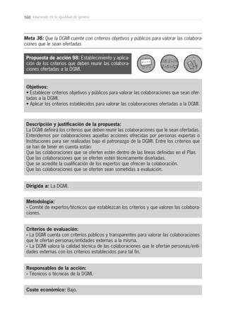 160 Educación en la igualdad de género
Metodología:
- Comité de expertos/técnicos que establezcan los criterios y que valoren las colabora-
ciones.
Responsables de la acción:
- Técnicos o técnicas de la DGMI.
Coste económico: Bajo.
Dirigida a: La DGMI.
Objetivos:
• Establecer criterios objetivos y públicos para valorar las colaboraciones que sean ofer-
tadas a la DGMI.
• Aplicar los criterios establecidos para valorar las colaboraciones ofertadas a la DGMI.
Descripción y justificación de la propuesta:
La DGMI definirá los criterios que deben reunir las colaboraciones que le sean ofertadas.
Entendemos por colaboraciones aquellas acciones ofrecidas por personas expertas o
Instituciones para ser realizadas bajo el patronazgo de la DGMI. Entre los criterios que
se han de tener en cuenta están:
Que las colaboraciones que se oferten estén dentro de las líneas definidas en el Plan.
Que las colaboraciones que se oferten estén técnicamente diseñadas.
Que se acredite la cualificación de los expertos que ofrecen la colaboración.
Que las colaboraciones que se oferten sean sometidas a evaluación.
Meta 36: Que la DGMI cuente con criterios objetivos y públicos para valorar las colabora-
ciones que le sean ofertadas
Criterios de evaluación:
- La DGMI cuenta con criterios públicos y transparentes para valorar las colaboraciones
que le ofertan personas/entidades externas a la misma.
- La DGMI valora la calidad técnica de las colaboraciones que le ofertan personas/enti-
dades externas con los criterios establecidos para tal fin.
Propuesta de acción 98: Establecimiento y aplica-
ción de los criterios que deben reunir las colabora-
ciones ofertadas a la DGMI.
 