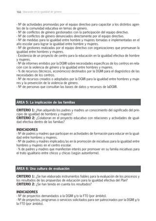 166 Educación en la igualdad de género
- Nº de actividades promovidas por el equipo directivo para capacitar a los distintos agen-
tes de la comunidad educativa en temas de género.
- Nº de conflictos de género gestionados con la participación del equipo directivo.
- Nº de conflictos de género denunciados directamente por el equipo directivo.
- Nº de medidas para la igualdad entre hombre y mujeres tomadas e implementadas en el
año escolar para lograr la igualdad entre hombre y mujeres.
- Nº de gestiones realizadas por el equipo directivo con organizaciones que promuevan la
igualdad entre hombres y mujeres.
- Existencia de un proyecto de centro para la educación en la igualdad efectiva de hombre
y mujeres.
- Nº de informes emitidos por la DGMI sobre necesidades específicas de los centros en rela-
ción con la violencia de género y la igualdad entre hombres y mujeres.
- % de recursos (técnicos, económicos) destinados por la DGMI para el diagnóstico de las
necesidades de los centros.
- Nº de recursos creados o adoptados por la DGMI para la igualdad entre hombres y muje-
res y la prevención de la violencia de género.
- Nº de personas que consultan las bases de datos y recursos de laDGMI.
ÁREA 5: La implicación de las familias
CRITERIO 1: ¿Han adquirido los padres y madres un conocimiento del significado del prin-
cipio de igualdad de hombres y mujeres?
CRITERIO 2: ¿Colaboran en el proyecto educativo con relaciones y actividades de igual-
dad efectiva dentro de las familias?
INDICADORES
- Nº de padres y madres que participan en actividades de formación para educar en la igual-
dad entre hombres y mujeres.
- Nº de padres y madres implicados/as en la promoción de iniciativas para la igualdad entre
hombres y mujeres en el centro escolar.
- % de padres y madres que manifiestan interés por promover en su familia iniciativas para
el trato igualitario entre chicos y chicas (según autoinforme).
ÁREA 6: Una cultura de evaluación
CRITERIO 1: ¿Se han elaborado instrumentos fiables para la evaluación de los procesos y
los resultados de las propuestas de educación para la igualdad efectiva del Plan?
CRITERIO 2: ¿Se han tenido en cuenta los resultados?
INDICADORES
- Nº de proyectos demandados a la DGMI y/o la FT0 (por ámbito).
- Nº de proyectos, programas o servicios solicitados para ser patrocinados por la DGMI y/o
la FT0 (por ámbito).
 