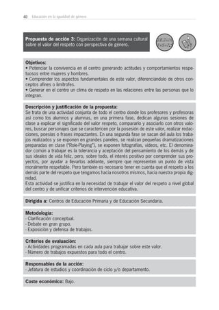 40 Educación en la igualdad de género
Metodología:
- Clarificación conceptual.
- Debate en gran grupo.
- Exposición y defensa de trabajos.
Criterios de evaluación:
- Actividades programadas en cada aula para trabajar sobre este valor.
- Número de trabajos expuestos para todo el centro.
Responsables de la acción:
- Jefatura de estudios y coordinación de ciclo y/o departamento.
Coste económico: Bajo.
Dirigida a: Centros de Educación Primaria y de Educación Secundaria.
Objetivos:
• Potenciar la convivencia en el centro generando actitudes y comportamientos respe-
tuosos entre mujeres y hombres.
• Comprender los aspectos fundamentales de este valor, diferenciándolo de otros con-
ceptos afines o limítrofes.
• Generar en el centro un clima de respeto en las relaciones entre las personas que lo
integran.
Descripción y justificación de la propuesta:
Se trata de una actividad conjunta de todo el centro donde los profesores y profesoras
así como los alumnos y alumnas, en una primera fase, dedican algunas sesiones de
clase a explicar el significado del valor respeto, compararlo y asociarlo con otros valo-
res, buscar personajes que se caractericen por la posesión de este valor, realizar redac-
ciones, poesías o frases impactantes. En una segunda fase se sacan del aula los traba-
jos realizados y se exponen en grandes paneles, se realizan pequeñas dramatizaciones
preparadas en clase (“Role-Playing”), se exponen fotografías, vídeos, etc. El denomina-
dor común a trabajar es la tolerancia y aceptación del pensamiento de los demás y de
sus ideales de vida feliz, pero, sobre todo, el interés positivo por comprender sus pro-
yectos, por ayudar a llevarlos adelante, siempre que representen un punto de vista
moralmente respetable. Pero también es necesario tener en cuenta que el respeto a los
demás parte del respeto que tengamos hacia nosotros mismos, hacia nuestra propia dig-
nidad.
Esta actividad se justifica en la necesidad de trabajar el valor del respeto a nivel global
del centro y de unificar criterios de intervención educativa.
Propuesta de acción 3: Organización de una semana cultural
sobre el valor del respeto con perspectiva de género.
 