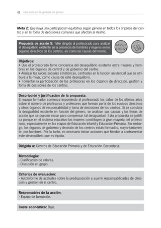 42 Educación en la igualdad de género
Metodología:
- Clarificación de valores.
- Discusión en grupo.
Criterios de evaluación:
- Autoinforme de actitudes sobre la predisposición a asumir responsabilidades de direc-
ción y gestión en el centro.
Coste económico: Bajo.
Dirigida a: Centros de Educación Primaria y de Educación Secundaria.
Propuesta de acción 5: Taller dirigido al profesorado para analizar
el desequilibrio existente en la presencia de hombres y mujeres en los
órganos directivos de los centros, así como las causas del mismo.
Objetivos:
• Que el profesorado tome conciencia del desequilibrio existente entre mujeres y hom-
bres en los órganos de control y de gobierno del centro.
• Analizar las raíces sociales e históricas, centradas en la función asistencial que se atri-
buye a la mujer, como causa de este desequilibrio.
• Fomentar la participación de las profesoras en los órganos de dirección, gestión y
toma de decisiones de los centros.
Descripción y justificación de la propuesta:
El equipo formador comienza exponiendo al profesorado los datos de los últimos años
sobre el número de profesoras y profesores que forman parte de los equipos directivos
y otros órganos de responsabilidad y toma de decisiones de los centros. Si se constata
la desigualdad existente en función del género, se analizan sus causas y las líneas de
acción que se pueden iniciar para compensar tal desigualdad. Esta propuesta se justifi-
ca porque en el sistema educativo las mujeres constituyen la gran mayoría del profeso-
rado, especialmente en las etapas de Educación Infantil y Educación Primaria. Sin embar-
go, los órganos de gobierno y decisión de los centros están formados, mayoritariamen-
te, por hombres. Por lo tanto, es necesario iniciar acciones que tiendan a contrarrestar
este desequilibrio que es injusto.
Meta 2: Que haya una participación equitativa según género en todos los órganos del cen-
tro y en la toma de decisiones comunes que afectan al mismo.
Responsables de la acción:
- Equipo de formación.
 