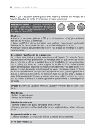 44 Educación en la igualdad de género
Metodología:
- Análisis de textos legales.
- Análisis de documentos.
Criterios de evaluación:
- Número de profesores que ha participado en la comisión.
- Consenso alcanzado en el Consejo Escolar para su aprobación (votos a favor del nuevo
texto).
Coste económico: Bajo.
Dirigida a: Centros de Educación Infantil, de Educación Primaria y de Educación Secun-
daria.
Objetivos:
• Analizar los valores recogidos en el PEC y los planteamientos pedagógicos estableci-
dos para su enseñanza y aprendizaje.
• Incluir en el PEC el valor de la igualdad entre hombres y mujeres como un elemento
fundamental del mismo, en los términos que establece la legislación actual.
• Distribuir y explicar convenientemente el nuevo PEC a todos los miembros de la comu-
nidad educativa.
Descripción y justificación de la propuesta:
La comisión debe analizar y revisar detenidamente el Proyecto Educativo del Centro.
Aquellos planteamientos que necesiten ser revisados, entre los que sin duda se encuen-
tran los referidos al valor de la igualdad, deberán ser adaptados a las nuevas circunstan-
cias sociales y educativas, así como a la legislación establecida. Ésta confiere a la edu-
cación para la igualdad de género una importancia fundamental, y así debe quedar reco-
gido en el nuevo documento, el cual marcará las pautas educativas a seguir por todos
los educadores del centro. Esta propuesta está justificada dado que el Proyecto Educa-
tivo, en la mayoría de los centros, fue elaborado hace más de diez años y, aunque el
valor de la igualdad entre hombres y mujeres suele estar incluido en todos los proyec-
tos, no se le da el énfasis ni ocupa el lugar central que le confiere la nueva legislación
aprobada.
Meta 3: Que la educación para la igualdad entre mujeres y hombres esté recogida en el
Proyecto Educativo del Centro (PEC) como un principio fundamental.
Responsables de la acción:
- Jefatura de estudios y coordinación de ciclo o Jefatura de departamento.
Propuesta de acción 7: Creación de una comisión de
profesores y profesoras y representantes de los padres
y madres de alumnos y alumnas para revisar el Proyecto
Educativo del Centro (PEC).
 