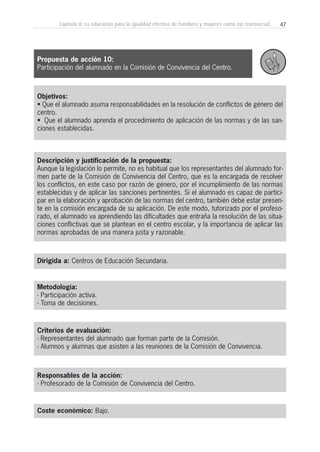 47Capítulo II: La educación para la igualdad efectiva de hombres y mujeres como eje transversal...
Objetivos:
• Que el alumnado asuma responsabilidades en la resolución de conflictos de género del
centro.
• Que el alumnado aprenda el procedimiento de aplicación de las normas y de las san-
ciones establecidas.
Descripción y justificación de la propuesta:
Aunque la legislación lo permite, no es habitual que los representantes del alumnado for-
men parte de la Comisión de Convivencia del Centro, que es la encargada de resolver
los conflictos, en este caso por razón de género, por el incumplimiento de las normas
establecidas y de aplicar las sanciones pertinentes. Si el alumnado es capaz de partici-
par en la elaboración y aprobación de las normas del centro, también debe estar presen-
te en la comisión encargada de su aplicación. De este modo, tutorizado por el profeso-
rado, el alumnado va aprendiendo las dificultades que entraña la resolución de las situa-
ciones conflictivas que se plantean en el centro escolar, y la importancia de aplicar las
normas aprobadas de una manera justa y razonable.
Dirigida a: Centros de Educación Secundaria.
Metodología:
- Participación activa.
- Toma de decisiones.
Criterios de evaluación:
- Representantes del alumnado que forman parte de la Comisión.
- Alumnos y alumnas que asisten a las reuniones de la Comisión de Convivencia.
Responsables de la acción:
- Profesorado de la Comisión de Convivencia del Centro.
Coste económico: Bajo.
Propuesta de acción 10:
Participación del alumnado en la Comisión de Convivencia del Centro.
 