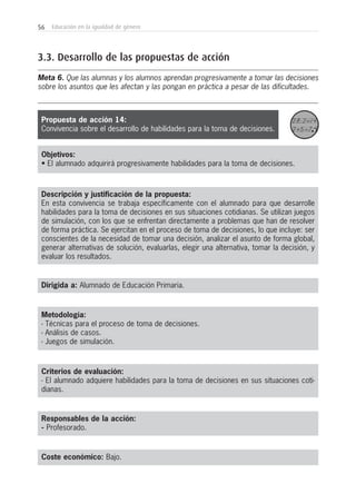 56 Educación en la igualdad de género
Metodología:
- Técnicas para el proceso de toma de decisiones.
- Análisis de casos.
- Juegos de simulación.
Responsables de la acción:
- Profesorado.
Coste económico: Bajo.
Dirigida a: Alumnado de Educación Primaria.
Propuesta de acción 14:
Convivencia sobre el desarrollo de habilidades para la toma de decisiones.
Objetivos:
• El alumnado adquirirá progresivamente habilidades para la toma de decisiones.
Descripción y justificación de la propuesta:
En esta convivencia se trabaja específicamente con el alumnado para que desarrolle
habilidades para la toma de decisiones en sus situaciones cotidianas. Se utilizan juegos
de simulación, con los que se enfrentan directamente a problemas que han de resolver
de forma práctica. Se ejercitan en el proceso de toma de decisiones, lo que incluye: ser
conscientes de la necesidad de tomar una decisión, analizar el asunto de forma global,
generar alternativas de solución, evaluarlas, elegir una alternativa, tomar la decisión, y
evaluar los resultados.
3.3. Desarrollo de las propuestas de acción
Meta 6. Que las alumnas y los alumnos aprendan progresivamente a tomar las decisiones
sobre los asuntos que les afectan y las pongan en práctica a pesar de las dificultades.
Criterios de evaluación:
- El alumnado adquiere habilidades para la toma de decisiones en sus situaciones coti-
dianas.
 