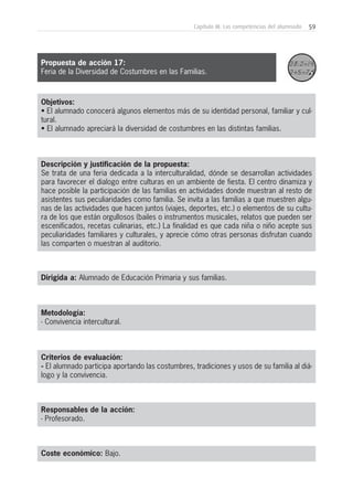 59Capítulo III: Las competencias del alumnado
Metodología:
- Convivencia intercultural.
Responsables de la acción:
- Profesorado.
Coste económico: Bajo.
Dirigida a: Alumnado de Educación Primaria y sus familias.
Propuesta de acción 17:
Feria de la Diversidad de Costumbres en las Familias.
Objetivos:
• El alumnado conocerá algunos elementos más de su identidad personal, familiar y cul-
tural.
• El alumnado apreciará la diversidad de costumbres en las distintas familias.
Descripción y justificación de la propuesta:
Se trata de una feria dedicada a la interculturalidad, dónde se desarrollan actividades
para favorecer el dialogo entre culturas en un ambiente de fiesta. El centro dinamiza y
hace posible la participación de las familias en actividades donde muestran al resto de
asistentes sus peculiaridades como familia. Se invita a las familias a que muestren algu-
nas de las actividades que hacen juntos (viajes, deportes, etc.) o elementos de su cultu-
ra de los que están orgullosos (bailes o instrumentos musicales, relatos que pueden ser
escenificados, recetas culinarias, etc.) La finalidad es que cada niña o niño acepte sus
peculiaridades familiares y culturales, y aprecie cómo otras personas disfrutan cuando
las comparten o muestran al auditorio.
Criterios de evaluación:
- El alumnado participa aportando las costumbres, tradiciones y usos de su familia al diá-
logo y la convivencia.
 