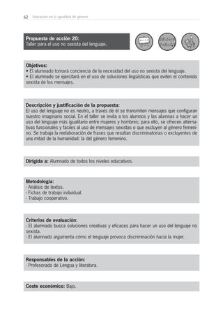 62 Educación en la igualdad de género
Objetivos:
• El alumnado tomará conciencia de la necesidad del uso no sexista del lenguaje.
• El alumnado se ejercitará en el uso de soluciones lingüísticas que eviten el contenido
sexista de los mensajes.
Descripción y justificación de la propuesta:
El uso del lenguaje no es neutro, a través de él se transmiten mensajes que configuran
nuestro imaginario social. En el taller se invita a los alumnos y las alumnas a hacer un
uso del lenguaje más igualitario entre mujeres y hombres; para ello, se ofrecen alterna-
tivas funcionales y fáciles al uso de mensajes sexistas o que excluyen al género femeni-
no. Se trabaja la reelaboración de frases que resultan discriminatorias o excluyentes de
una mitad de la humanidad: la del género femenino.
Dirigida a: Alumnado de todos los niveles educativos.
Metodología:
- Análisis de textos.
- Fichas de trabajo individual.
- Trabajo cooperativo.
Criterios de evaluación:
- El alumnado busca soluciones creativas y eficaces para hacer un uso del lenguaje no
sexista.
- El alumnado argumenta cómo el lenguaje provoca discriminación hacia la mujer.
Responsables de la acción:
- Profesorado de Lengua y literatura.
Coste económico: Bajo.
Propuesta de acción 20:
Taller para el uso no sexista del lenguaje.
 