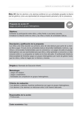 69Capítulo III: Las competencias del alumnado
Objetivos:
Fomentar la participación entre niños y niñas frente a una tarea concreta.
Fortalecer la relación entre los niños y las niñas a través de actividades lúdicas.
Descripción y justificación de la propuesta:
Los niños y las niñas durante sus primeros años de vida dedican gran parte de su tiem-
po libre a jugar. A través de las actividades lúdicas desarrollan habilidades motrices, cog-
nitivas y emocionales fundamentales para la convivencia. Los juegos de patio en grupos
heterogéneos son una oportunidad para que niños y niñas aprendan a conocerse y a rela-
cionarse entre sí. La propuesta se realiza en la hora del patio. El profesorado tendrá la
intencionalidad de fomentar juegos en grupos heterogéneos por razón de género hasta
que los niños y niñas lo hagan por sí mismos y mismas.
Dirigida a: Alumnado de Educación Infantil.
Metodología:
- Juegos de equipos.
- Juegos cooperativos.
- Actividades de competición en grupos heterogéneos.
Criterios de evaluación:
- Los alumnos y alumnas muestran preferencias por jugar en grupos heterogéneos.
- Los alumnos y las alumnas se relacionan entre sí de manera adecuada.
Responsables de la acción:
- Profesorado.
Coste económico: Bajo.
Meta 10: Que los alumnos y las alumnas prefieran en sus actividades grupales la diversi-
dad de géneros como una oportunidad de enriquecimiento personal y de la convivencia.
Propuesta de acción 27:
Juegos de patio en grupos heterogéneos.
 