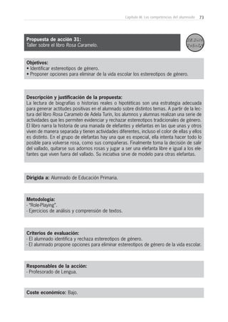 73Capítulo III: Las competencias del alumnado
Objetivos:
• Identificar estereotipos de género.
• Proponer opciones para eliminar de la vida escolar los estereotipos de género.
Descripción y justificación de la propuesta:
La lectura de biografías o historias reales o hipotéticas son una estrategia adecuada
para generar actitudes positivas en el alumnado sobre distintos temas. A partir de la lec-
tura del libro Rosa Caramelo de Adela Turín, los alumnos y alumnas realizan una serie de
actividades que les permiten evidenciar y rechazar estereotipos tradicionales de género.
El libro narra la historia de una manada de elefantes y elefantas en las que unas y otros
viven de manera separada y tienen actividades diferentes, incluso el color de ellas y ellos
es distinto. En el grupo de elefantas hay una que es especial, ella intenta hacer todo lo
posible para volverse rosa, como sus compañeras. Finalmente toma la decisión de salir
del vallado, quitarse sus adornos rosas y jugar a ser una elefanta libre e igual a los ele-
fantes que viven fuera del vallado. Su iniciativa sirve de modelo para otras elefantas.
Dirigida a: Alumnado de Educación Primaria.
Metodología:
- “Role-Playing”.
- Ejercicios de análisis y comprensión de textos.
Criterios de evaluación:
- El alumnado identifica y rechaza estereotipos de género.
- El alumnado propone opciones para eliminar estereotipos de género de la vida escolar.
Responsables de la acción:
- Profesorado de Lengua.
Coste económico: Bajo.
Propuesta de acción 31:
Taller sobre el libro Rosa Caramelo.
 
