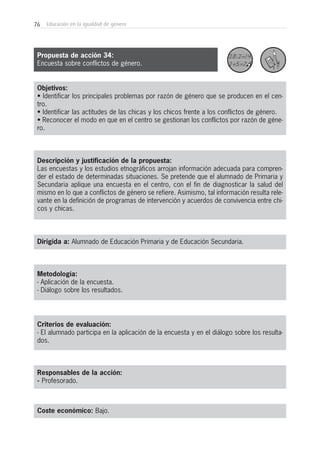 76 Educación en la igualdad de género
Objetivos:
• Identificar los principales problemas por razón de género que se producen en el cen-
tro.
• Identificar las actitudes de las chicas y los chicos frente a los conflictos de género.
• Reconocer el modo en que en el centro se gestionan los conflictos por razón de géne-
ro.
Descripción y justificación de la propuesta:
Las encuestas y los estudios etnográficos arrojan información adecuada para compren-
der el estado de determinadas situaciones. Se pretende que el alumnado de Primaria y
Secundaria aplique una encuesta en el centro, con el fin de diagnosticar la salud del
mismo en lo que a conflictos de género se refiere. Asimismo, tal información resulta rele-
vante en la definición de programas de intervención y acuerdos de convivencia entre chi-
cos y chicas.
Dirigida a: Alumnado de Educación Primaria y de Educación Secundaria.
Metodología:
- Aplicación de la encuesta.
- Diálogo sobre los resultados.
Criterios de evaluación:
- El alumnado participa en la aplicación de la encuesta y en el diálogo sobre los resulta-
dos.
Responsables de la acción:
- Profesorado.
Coste económico: Bajo.
Propuesta de acción 34:
Encuesta sobre conflictos de género.
 