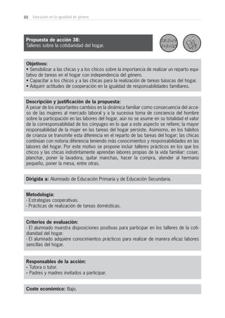80 Educación en la igualdad de género
Objetivos:
• Sensibilizar a las chicas y a los chicos sobre la importancia de realizar un reparto equi-
tativo de tareas en el hogar con independencia del género.
• Capacitar a los chicos y a las chicas para la realización de tareas básicas del hogar.
• Adquirir actitudes de cooperación en la igualdad de responsabilidades familiares.
Descripción y justificación de la propuesta:
A pesar de los importantes cambios en la dinámica familiar como consecuencia del acce-
so de las mujeres al mercado laboral y a la sucesiva toma de conciencia del hombre
sobre la participación en las labores del hogar, aún no se asume en su totalidad el valor
de la corresponsabilidad de los cónyuges en lo que a este aspecto se refiere; la mayor
responsabilidad de la mujer en las tareas del hogar persiste. Asimismo, en los hábitos
de crianza se transmite esta diferencia en el reparto de las tareas del hogar; las chicas
continúan con notoria diferencia teniendo más conocimientos y responsabilidades en las
labores del hogar. Por este motivo se propone incluir talleres prácticos en los que los
chicos y las chicas indistintamente aprendan labores propias de la vida familiar: coser,
planchar, poner la lavadora, quitar manchas, hacer la compra, atender al hermano
pequeño, poner la mesa, entre otras.
Dirigida a: Alumnado de Educación Primaria y de Educación Secundaria.
Metodología:
- Estrategias cooperativas.
- Prácticas de realización de tareas domésticas.
Criterios de evaluación:
- El alumnado muestra disposiciones positivas para participar en los talleres de la coti-
dianidad del hogar.
- El alumnado adquiere conocimientos prácticos para realizar de manera eficaz labores
sencillas del hogar.
Responsables de la acción:
- Tutora o tutor.
- Padres y madres invitados a participar.
Coste económico: Bajo.
Propuesta de acción 38:
Talleres sobre la cotidianidad del hogar.
 