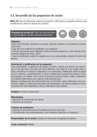 90 Educación en la igualdad de género
Metodología:
- Ejercicios de clarificación de valores.
- Ejercicios de narración.
Responsables de la acción: Equipos de formación en igualdad de género.
Coste económico: Medio.
Dirigida a: Todo el profesorado.
Objetivos:
• Que el profesorado comparta sus propias vivencias respecto a los prejuicios sexistas
que posee.
• Que dé forma explícita de visibilidad a sus prejuicios.
• Ofrecer oportunidad para reflexionar sobre los propios prejuicios y cómo afectan al tra-
tamiento desigual de niñas y niños.
• Que el profesorado analice los papeles que, en su vida privada, adopta en función del
género.
Descripción y justificación de la propuesta:
Cada participante, a sugerencia del equipo formador, redacta una relación de situacio-
nes en las que trata a las niñas de forma diferente a los niños (o a sus propios hijos e
hijas), basándose en prejuicios adquiridos y en estereotipos. Reflexionan sobre el origen
de sus creencias y posteriormente se abre un debate para exponer las posturas de los
participantes y el análisis crítico de las mismas por parte de todas y todos. Finalmente,
se proponen alternativas para superar estas percepciones.
Algunas investigaciones han demostrado que los docentes, tanto profesoras como pro-
fesores, juzgan a su alumnado basándose en estereotipos. Se trata de explicar y tomar
conciencia de este tratamiento y buscar alternativas para evitarlo.
4.3. Desarrollo de las propuestas de acción
Meta 15: Que el profesorado analice sus prejuicios sobre género y aquellos prejuicios que
manifiestan las diversas situaciones sociales.
Criterios de evaluación:
- Implicación del profesorado en la realización de los ejercicios.
- El profesorado hace autoevaluación y está dispuesto explicitar sus prejuicios.
Propuesta de acción 43: Taller de autoconocimien-
to sobre prejuicios sexistas respecto al alumnado.
 