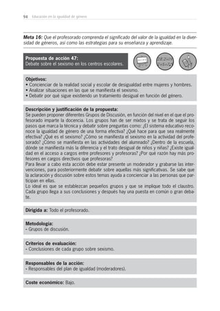 94 Educación en la igualdad de género
Metodología:
- Grupos de discusión.
Responsables de la acción:
- Responsables del plan de igualdad (moderadores).
Coste económico: Bajo.
Dirigida a: Todo el profesorado.
Objetivos:
• Concienciar de la realidad social y escolar de desigualdad entre mujeres y hombres.
• Analizar situaciones en las que se manifiesta el sexismo.
• Debatir por qué sigue existiendo un tratamiento desigual en función del género.
Descripción y justificación de la propuesta:
Se pueden proponer diferentes Grupos de Discusión, en función del nivel en el que el pro-
fesorado imparte la docencia. Los grupos han de ser mixtos y se trata de seguir los
pasos que marca la técnica y debatir sobre preguntas como: ¿El sistema educativo reco-
noce la igualdad de género de una forma efectiva? ¿Qué hace para que sea realmente
efectiva? ¿Qué es el sexismo? ¿Cómo se manifiesta el sexismo en la actividad del profe-
sorado? ¿Cómo se manifiesta en las actividades del alumnado? ¿Dentro de la escuela,
dónde se manifiesta más la diferencia y el trato desigual de niños y niñas? ¿Existe igual-
dad en el acceso a cargos entre profesores y profesoras? ¿Por qué razón hay más pro-
fesores en cargos directivos que profesoras?
Para llevar a cabo esta acción debe estar presente un moderador y grabarse las inter-
venciones, para posteriormente debatir sobre aquellas más significativas. Se sabe que
la aclaración y discusión sobre estos temas ayuda a concienciar a las personas que par-
ticipan en ellas.
Lo ideal es que se establezcan pequeños grupos y que se implique todo el claustro.
Cada grupo llega a sus conclusiones y después hay una puesta en común o gran deba-
te.
Meta 16: Que el profesorado comprenda el significado del valor de la igualdad en la diver-
sidad de géneros, así como las estrategias para su enseñanza y aprendizaje.
Criterios de evaluación:
- Conclusiones de cada grupo sobre sexismo.
Propuesta de acción 47:
Debate sobre el sexismo en los centros escolares.
 