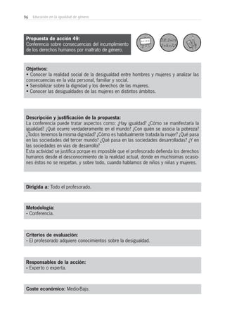 96 Educación en la igualdad de género
Metodología:
- Conferencia.
Responsables de la acción:
- Experto o experta.
Coste económico: Medio-Bajo.
Dirigida a: Todo el profesorado.
Objetivos:
• Conocer la realidad social de la desigualdad entre hombres y mujeres y analizar las
consecuencias en la vida personal, familiar y social.
• Sensibilizar sobre la dignidad y los derechos de las mujeres.
• Conocer las desigualdades de las mujeres en distintos ámbitos.
Descripción y justificación de la propuesta:
La conferencia puede tratar aspectos como: ¿Hay igualdad? ¿Cómo se manifestaría la
igualdad? ¿Qué ocurre verdaderamente en el mundo? ¿Con quién se asocia la pobreza?
¿Todos tenemos la misma dignidad? ¿Cómo es habitualmente tratada la mujer? ¿Qué pasa
en las sociedades del tercer mundo? ¿Qué pasa en las sociedades desarrolladas? ¿Y en
las sociedades en vías de desarrollo?
Esta actividad se justifica porque es imposible que el profesorado defienda los derechos
humanos desde el desconocimiento de la realidad actual, donde en muchísimas ocasio-
nes éstos no se respetan, y sobre todo, cuando hablamos de niños y niñas y mujeres.
Criterios de evaluación:
- El profesorado adquiere conocimientos sobre la desigualdad.
Propuesta de acción 49:
Conferencia sobre consecuencias del incumplimiento
de los derechos humanos por maltrato de género.
 