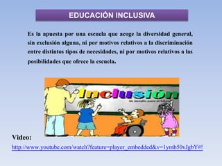 EDUCACIÓN INCLUSIVA
Es la apuesta por una escuela que acoge la diversidad general,
sin exclusión alguna, ni por motivos relativos a la discriminación
entre distintos tipos de necesidades, ni por motivos relativos a las
posibilidades que ofrece la escuela.
Video:
http://www.youtube.com/watch?feature=player_embedded&v=1ymb50vJgbY#!
 