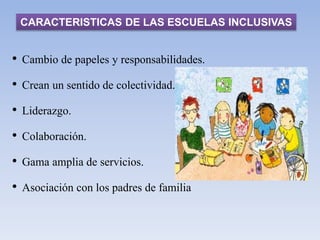 CARACTERISTICAS DE LAS ESCUELAS INCLUSIVAS
• Cambio de papeles y responsabilidades.
• Crean un sentido de colectividad.
• Liderazgo.
• Colaboración.
• Gama amplia de servicios.
• Asociación con los padres de familia
 