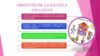 OBJETIVOS DE LA ESCUELA
INCLUSIVA
Promover el dinamismo y la interacción entre instituciones
para que la inclusión sea una realidad en el mundo del trabajo
y en la sociedad.
Concienciar tanto a la Administración Pública como a
Entidades Privadas de la necesidad de flexibilizar las
estructuras educativas.
Promover el desarrollo de una serie de capacidades y la apropiación de
determinados contenidos culturales necesarios para que los alumnos
puedan participar e integrarse en su medio sociocultural.
Favorecer la igualdad de oportunidades, proporcionar una educación
personalizada, fomentando la participación, la solidaridad y cooperación
entre los alumnos, mejorando la calidad de la enseñanza y la eficacia
del sistema educativo.
 