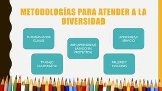 METODOLOGÍAS PARA ATENDER A LA
DIVERSIDAD
TUTORÍAS ENTRE
IGUALES
TRABAJO
COOPERATIVO
ABP (APRENDIZAJE
BASADO EN
PROYECTOS)
APRENDIZAJE
SERVICIO
TALLERESY
RINCONES
 