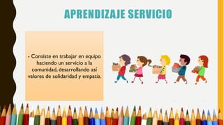 APRENDIZAJE SERVICIO
- Consiste en trabajar en equipo
haciendo un servicio a la
comunidad, desarrollando así
valores de solidaridad y empatía.
 